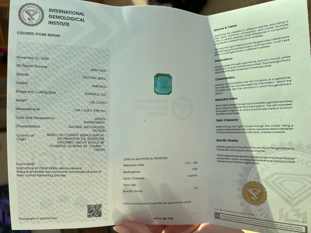 1 pcs 绿色 祖母绿 - 1.58 ct - 国际宝石研究院(IGI) - 无底价 #1.0