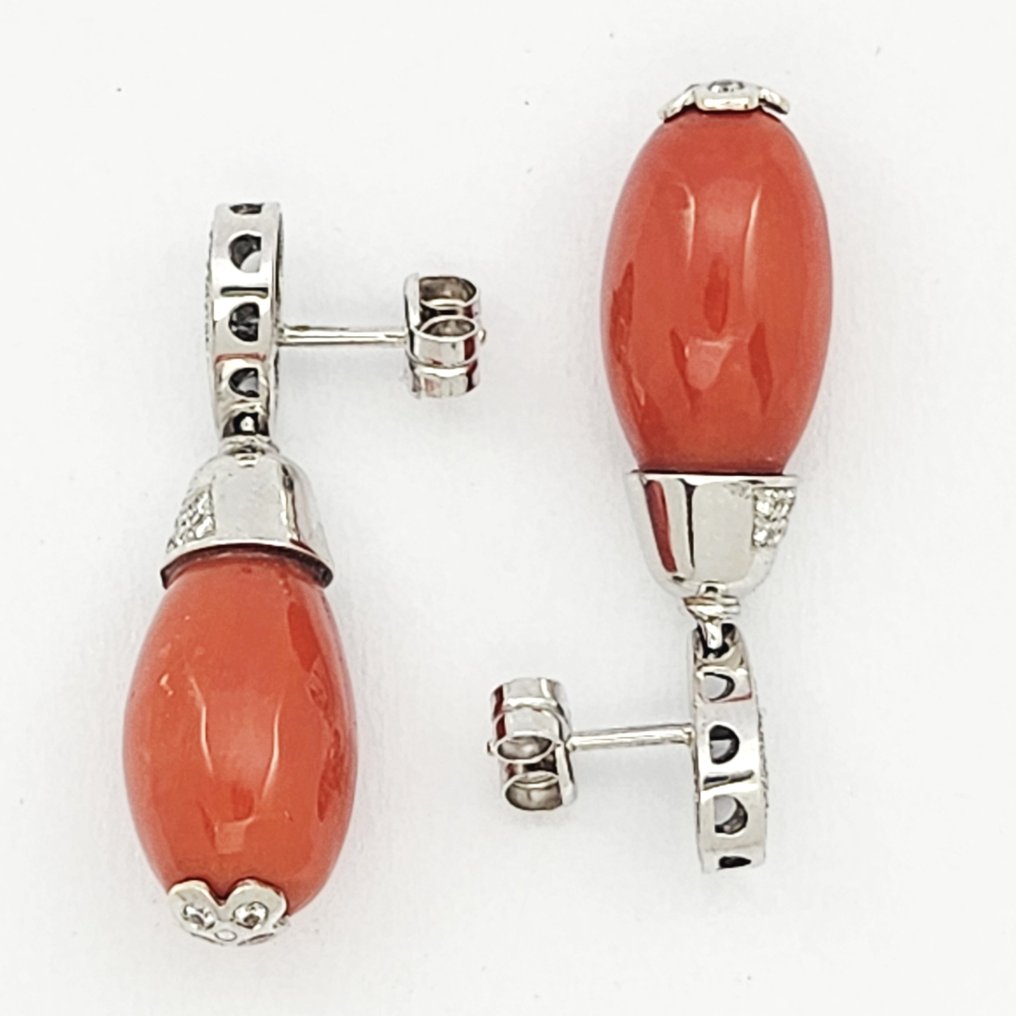 耳环 - 18K包金 黄金 -  15.00ct. tw. 珊瑚 - 钻石 #3.2