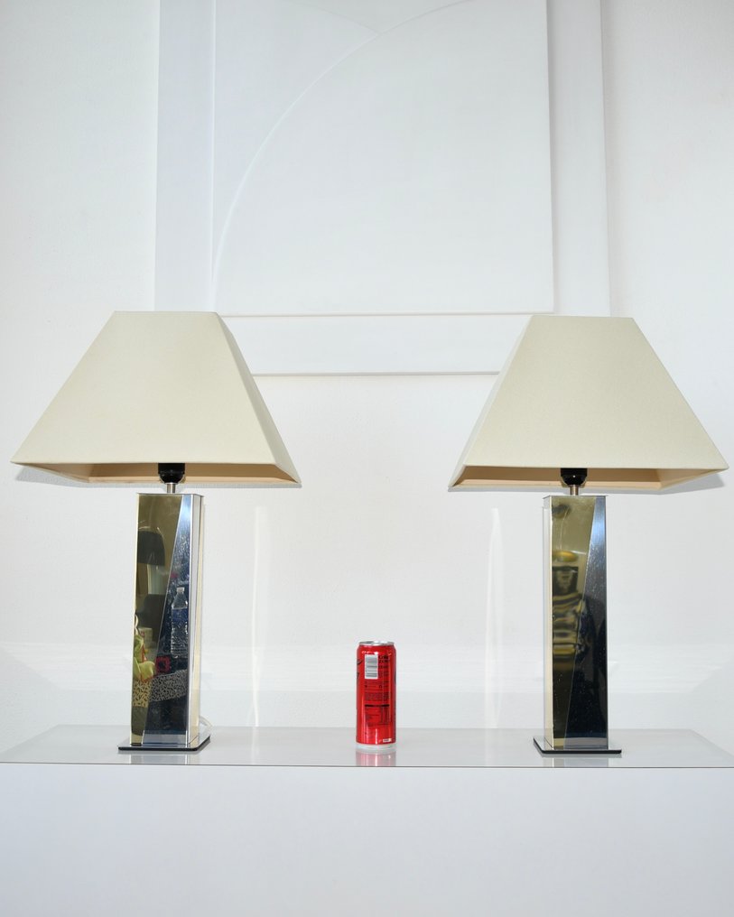 Paul Evans - Table lamp (2) - Aluminium, Brass, Metal, Cityscape - Chrome - H 61 cm #1.2