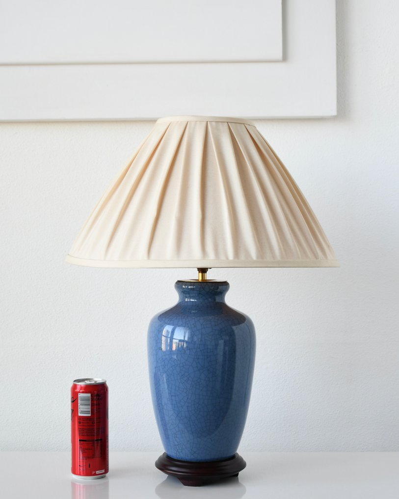 Table lamp - Beautiful high-end boho chic Asian blue crackle glazed ceramic table lamp. - Brass, Ceramic, Glaze, Textile, Wood - H 54 cm #1.2