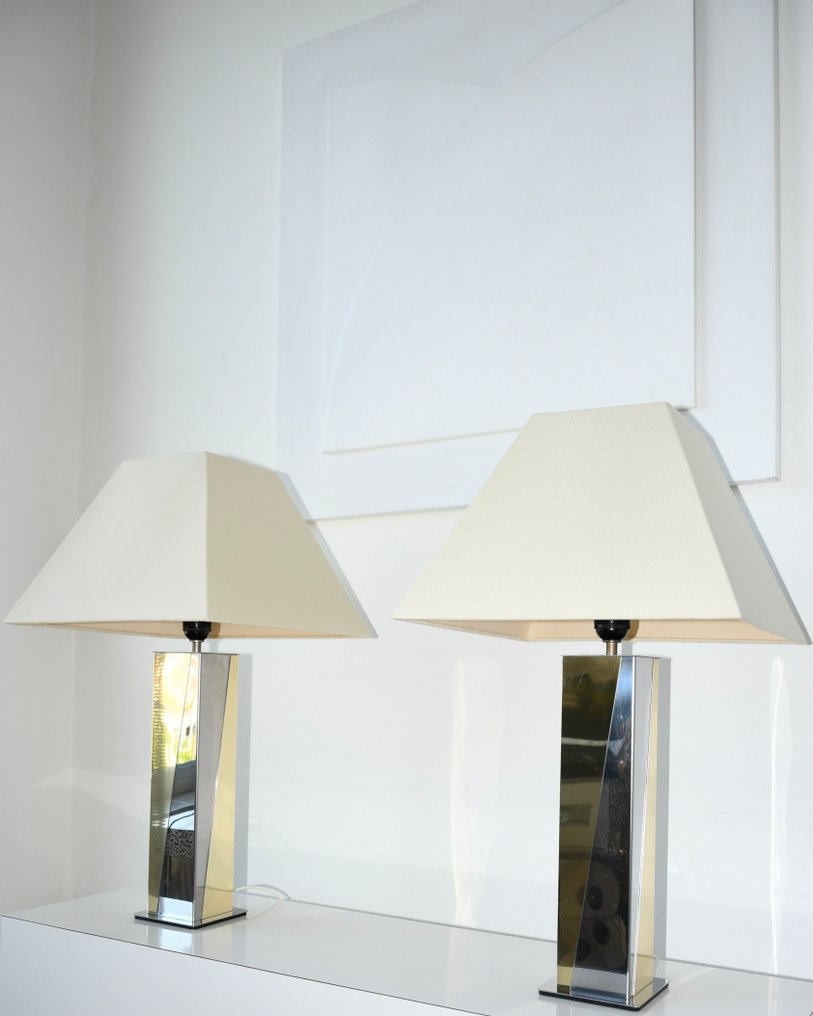 Paul Evans - Table lamp (2) - Aluminium, Brass, Metal, Cityscape - Chrome - H 61 cm #1.1