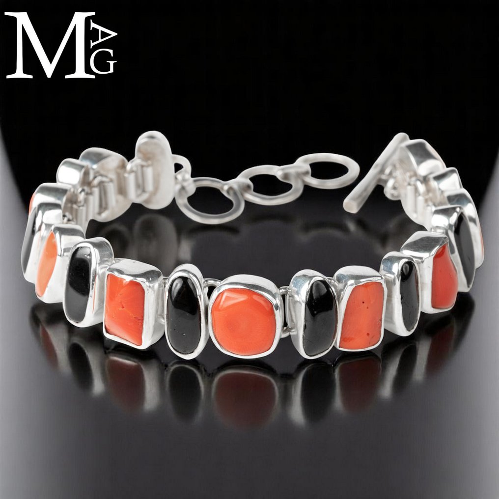 The Power of Nature Silver bracelet with Mediterranean Red Coral and Black Tourmaline - Height: 210 mm - Width: 15 mm- 45 g #4.3