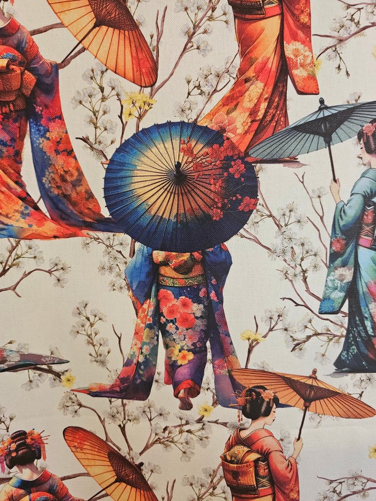 300x280cm! Stoff «Geishe og parasoller» – Japansk eleganse på blomsterbakgrunn - 300x280cm - Tekstil  - 300 cm - 280 cm #1.0