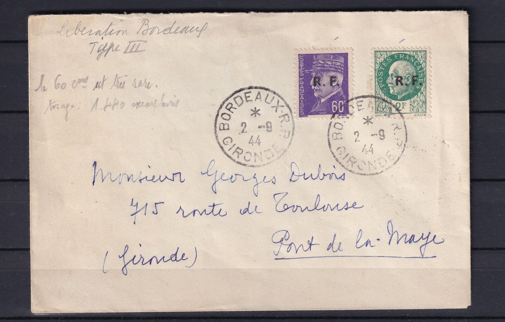 Francia 1944 - Carta rara de los días de emisión que viajó con el 60cts tipo III de la liberación. #1.0