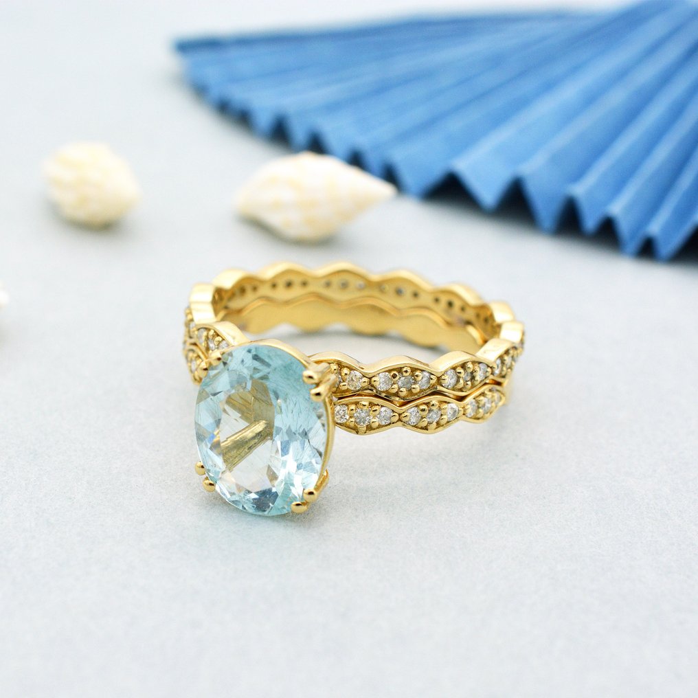 Forlovelsesring - 14 karat Gull - 2.60ct. tw. Akvamarin - Diamant #4.3