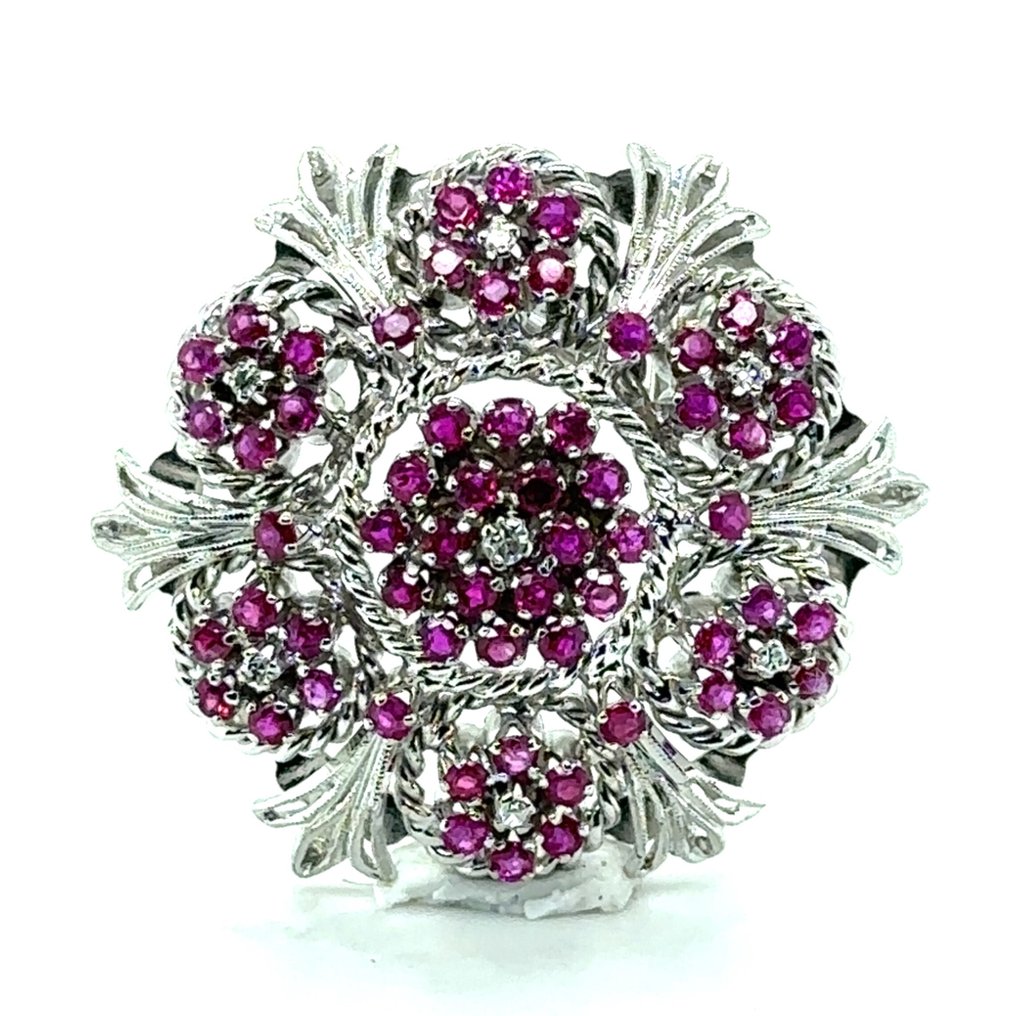 吊坠 - 18K包金 白金 -  3.16ct. tw. 红宝石 - 钻石 - 花卉胸针与吊坠 #3.2