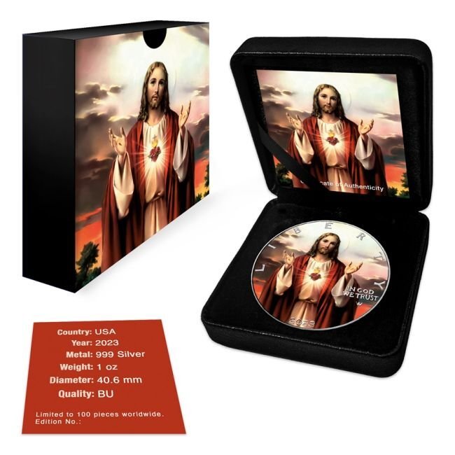 Ηνωμένες Πολιτείες. 1 Dollar 2023 1 oz, Silver Eagle Jesus Christ Sacred Heart Colorized Coin #2.1