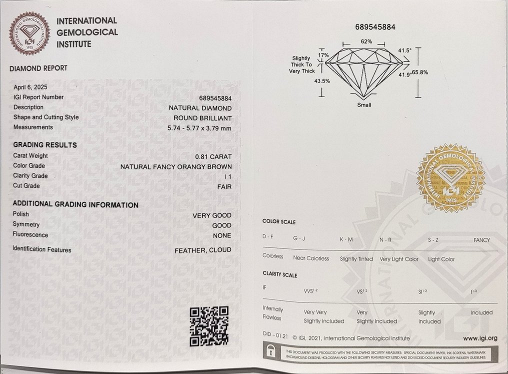 χωρίς τιμή ασφαλείας - 1 pcs Διαμάντι (Φυσικού χρώματος) - 0.81 ct - Στρογγυλό - Fancy Απαλό πορτοκαλί Καφέ - I1 - International Gemological Institute (IGI) #4.3