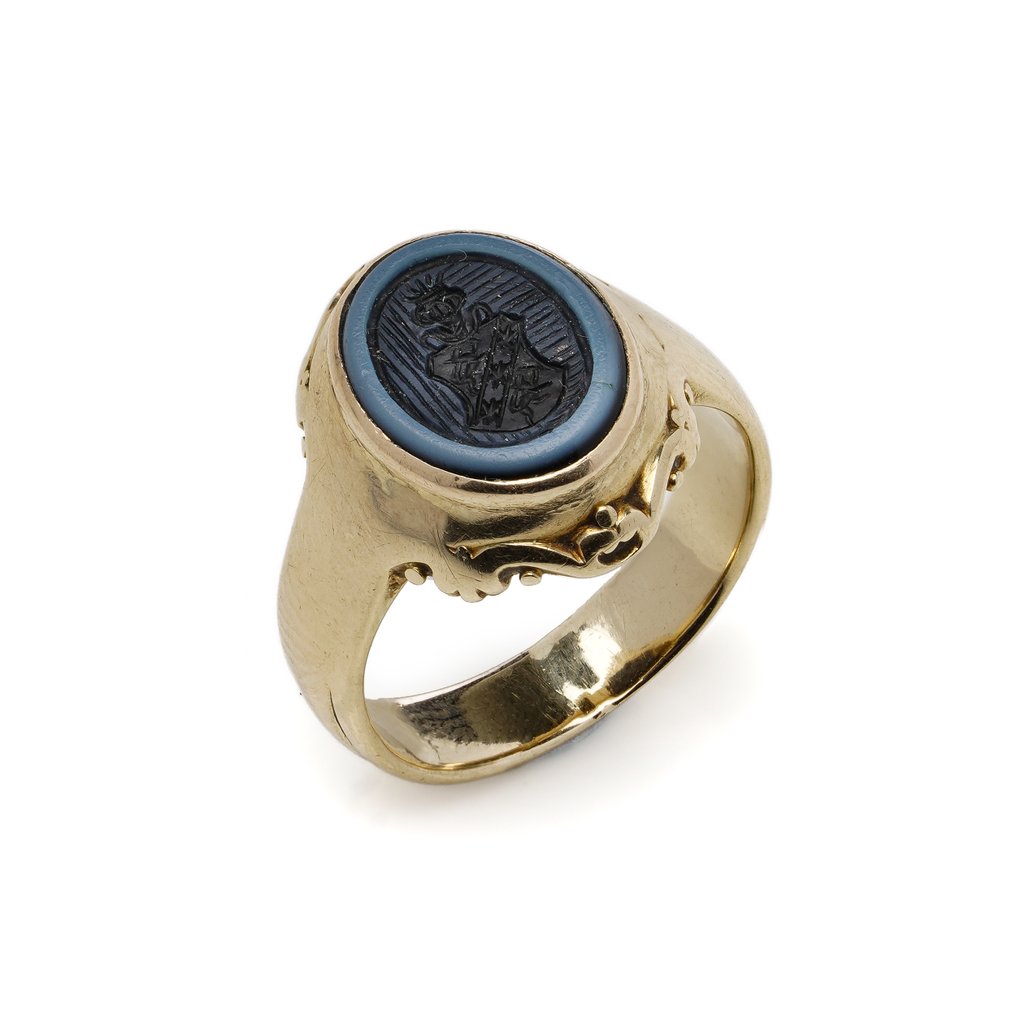 Inel Inel de sigiliu din aur de 14 carate cu sardonyx și stemă familială gravată #1.0