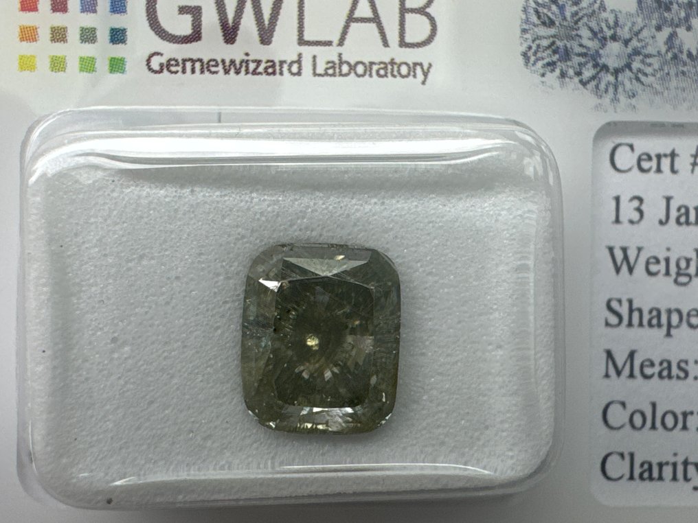 1 pcs Διαμάντι  (Φυσικού χρώματος)  - 1.57 ct - Κούσιον - Fancy Πράσινο Γκρίζο - I1 - Gemewizard Gemological Laboratory (GWLab) #4.3
