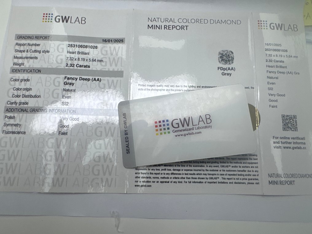1 pcs 钻石  (天然色彩的)  - 2.32 ct - 心形 - Fancy deep 灰色 - SI2 微内含二级 - Gemewizard宝石实验室（GWLab） #1.0