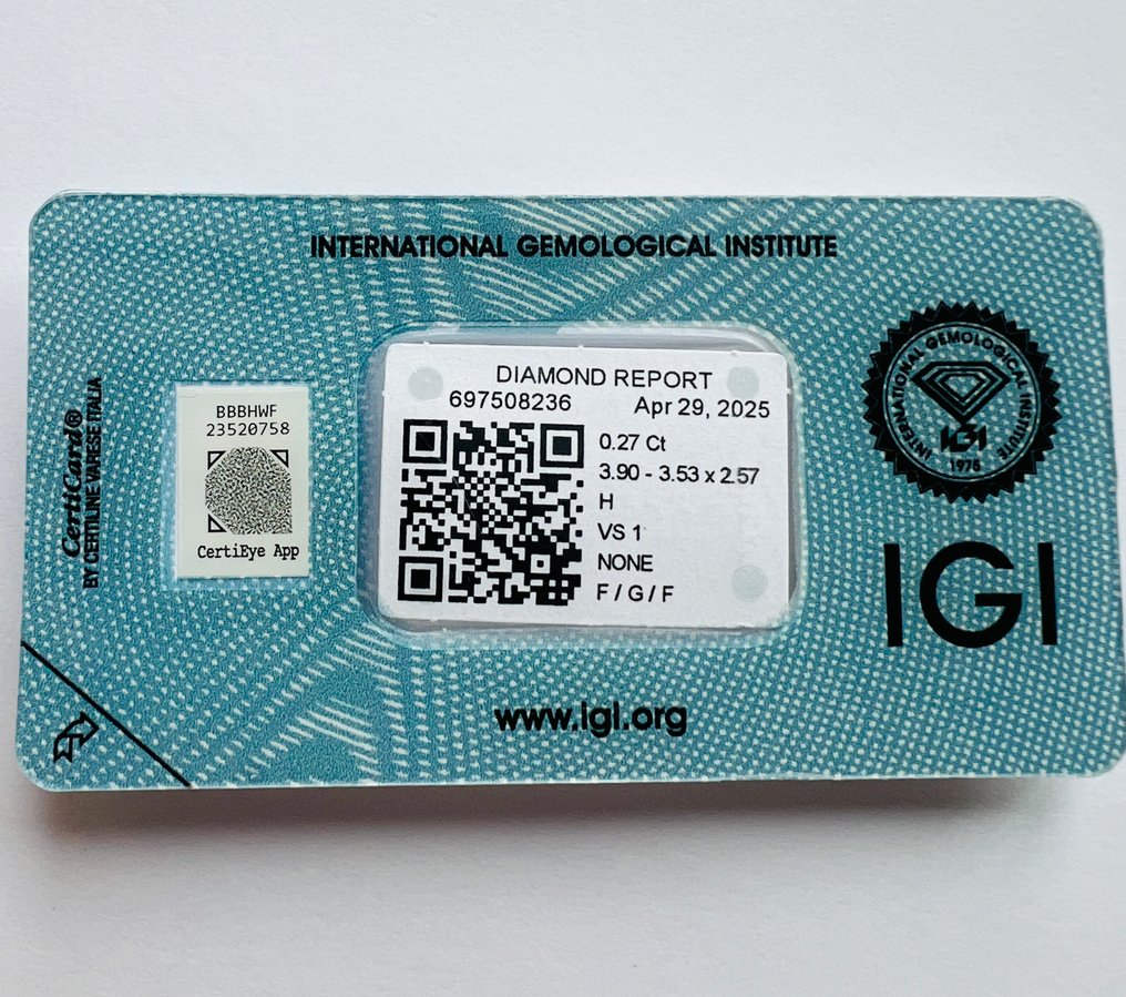 没有保留价 - 1 pcs 钻石  (天然)  - 0.27 ct - H - VS1 轻微内含一级 - 国际宝石研究院（IGI） - Old Mine Cut #1.0