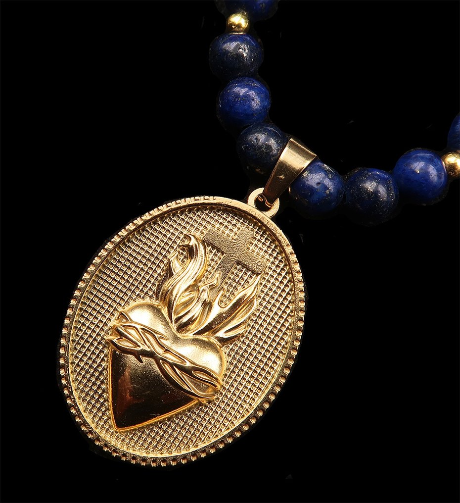 Lapislázuli - Collar católico del Sagrado Corazón de Jesús: Amor Divino y Protección - Cierre de oro de 14 - Collar #3.2