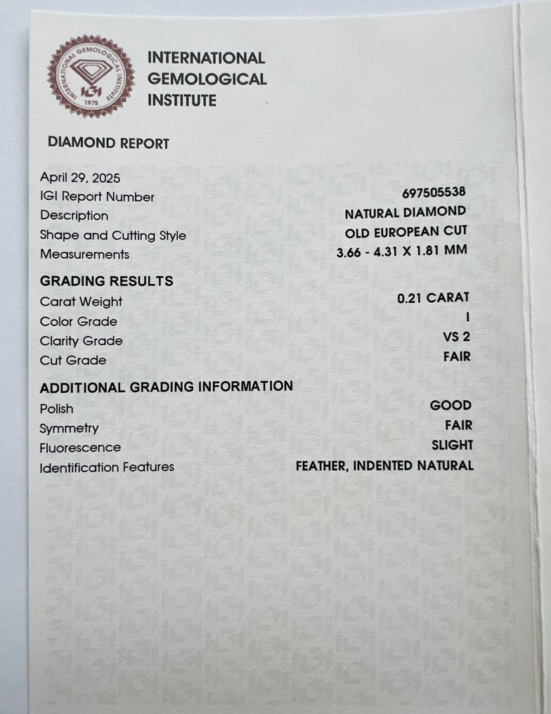 Fără preț de rezervă - 1 pcs Diamant  (Natural)  - 0.21 ct - I - VS2 - IGI (Institutul gemologic internațional) #3.2
