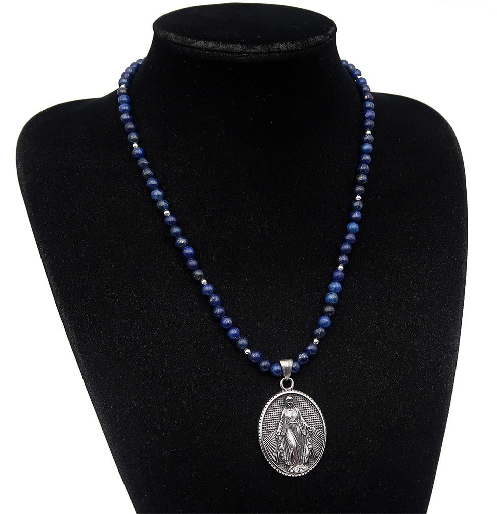 青金石 - 圣母玛利亚天主教项链：奇迹圣牌与神圣恩典 - 带扣，银珠 - 项链 #2.1