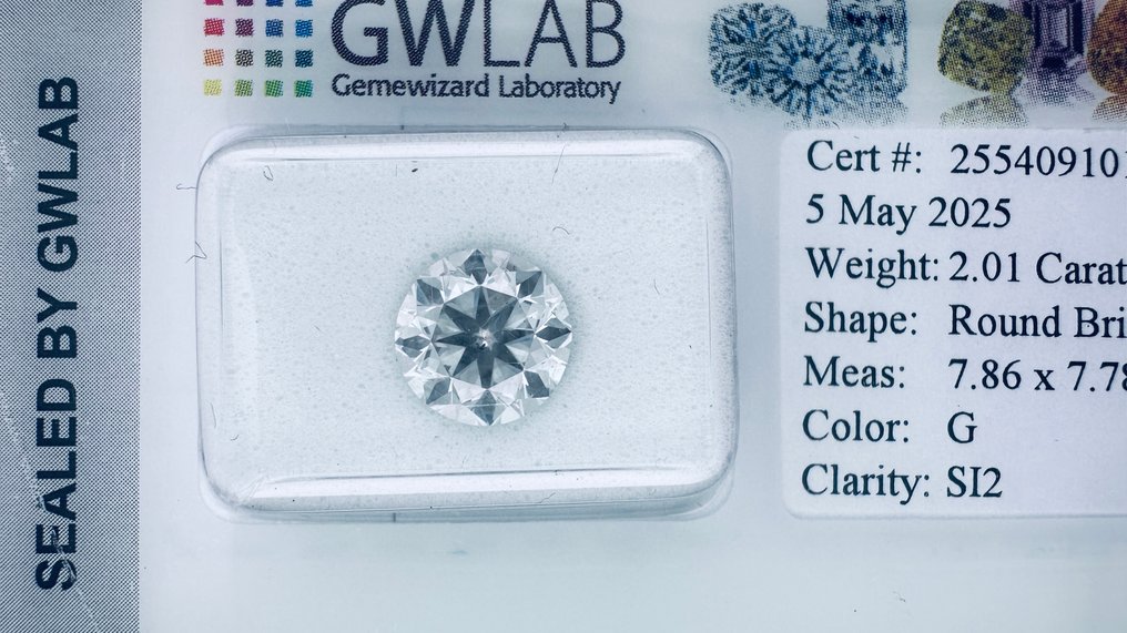 1 pcs 钻石  (天然)  - 2.01 ct - 圆形 - G - SI2 微内含二级 - Gemewizard宝石实验室（GWLab） - （自然 - VG/EX/EX） #2.1