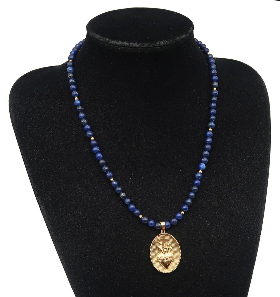 Lapislázuli - Collar católico del Sagrado Corazón de Jesús: Amor Divino y Protección - Cierre de oro de 14 - Collar #2.1