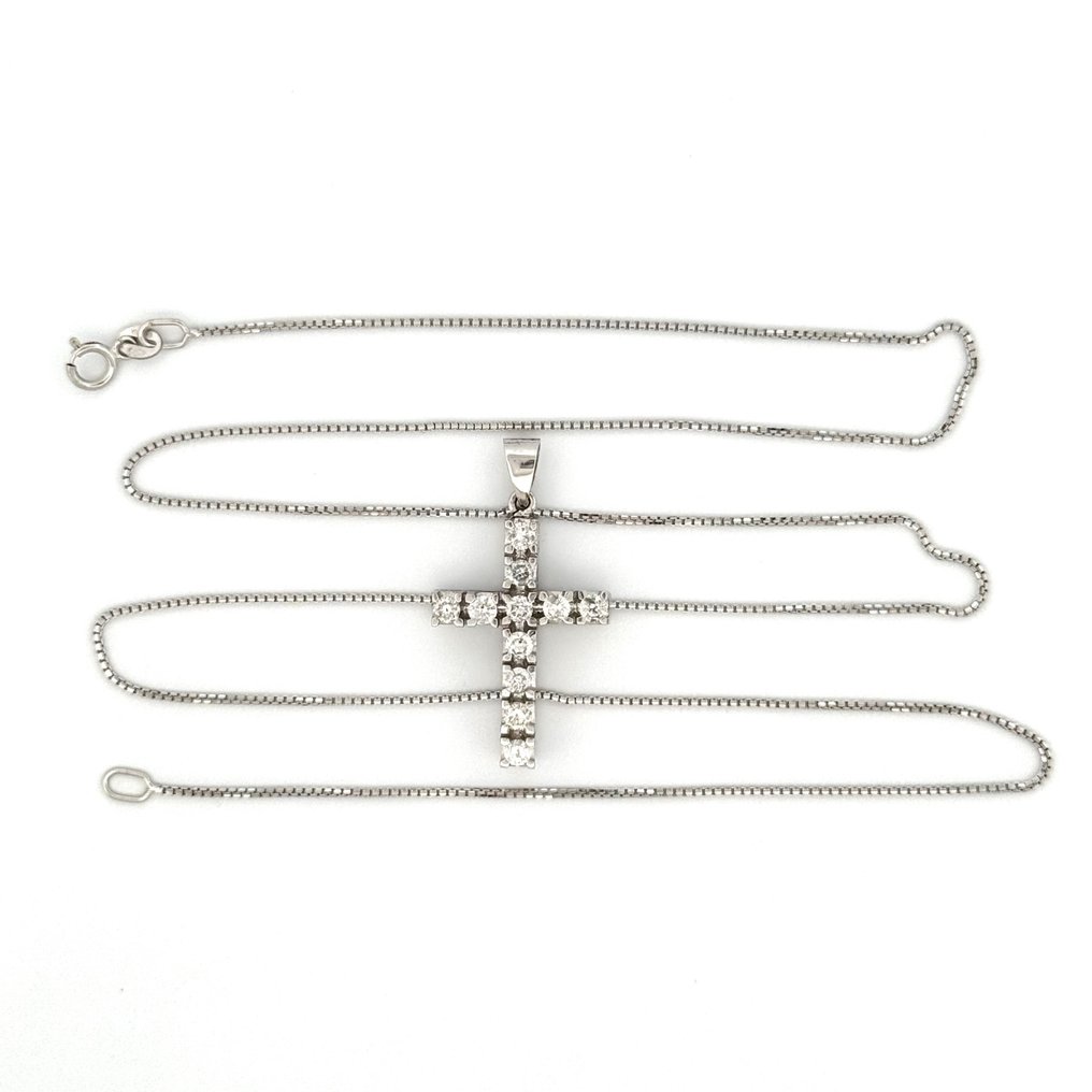 Handmade - 项链 - Croce con diamanti - 5.2 g - 18K包金 白金 - 0.55ct. tw. - 钻石 #1.0
