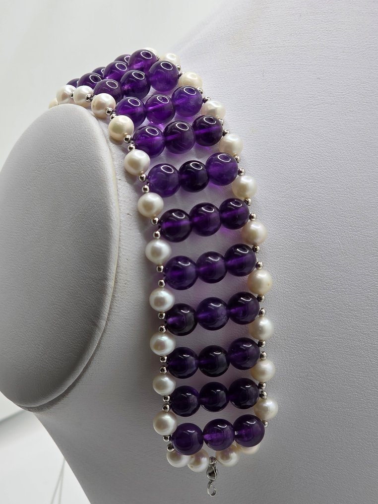 Βραχιόλι - 18 καράτια Λευκός χρυσός Αμέθυστος - Μαργαριτάρι #1.0