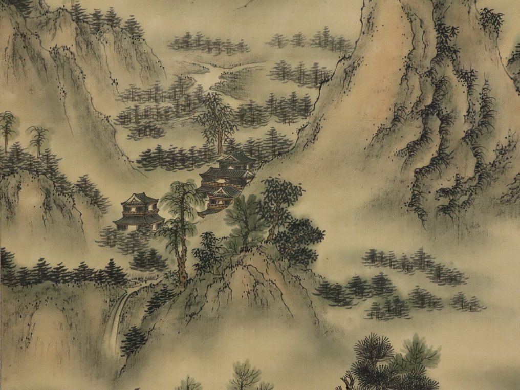一对挂轴——丝绸上的中国山水画 - 中国 - 20世纪（无底价） #4.3