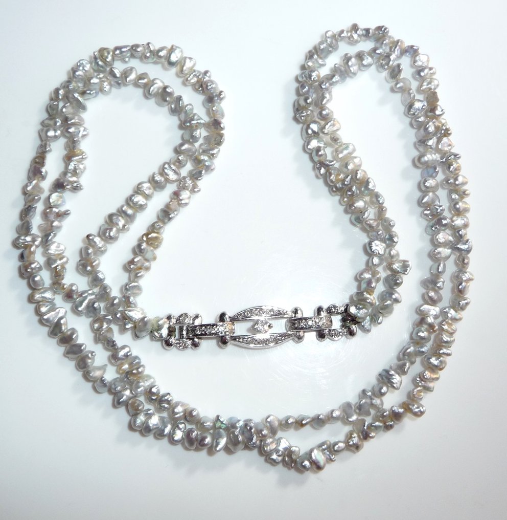 Κολιέ - 18 καράτια Λευκός χρυσός - 0.25ct. tw. Διαμάντι (Φυσικό) - Keshi-Perlen Rüschenbeck #1.0