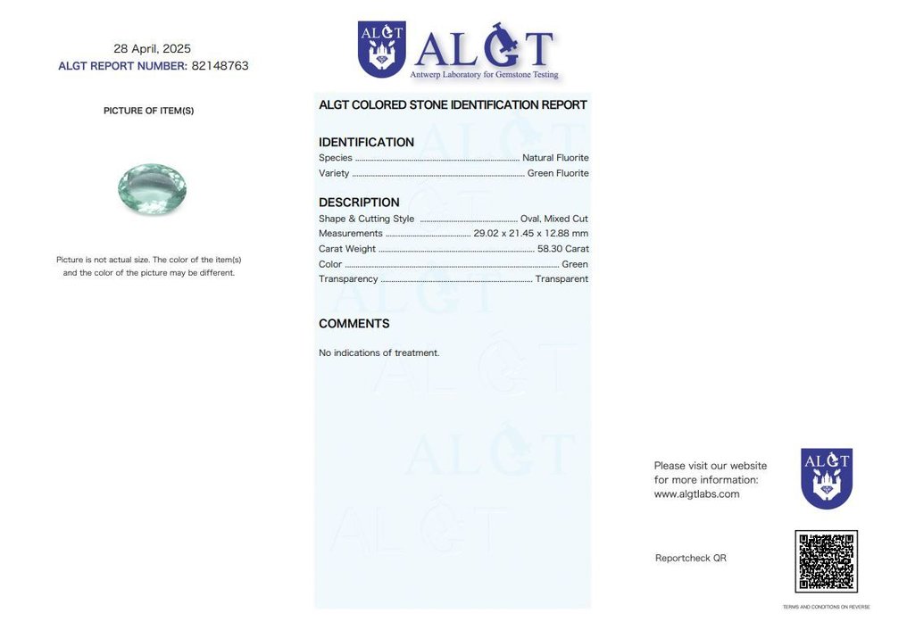 χωρίς τιμή ασφαλείας - 1 pcs  Πράσινο Φθορίτης  - 58.30 ct - Antwerp Laboratory for Gemstone Testing (ALGT) #3.2