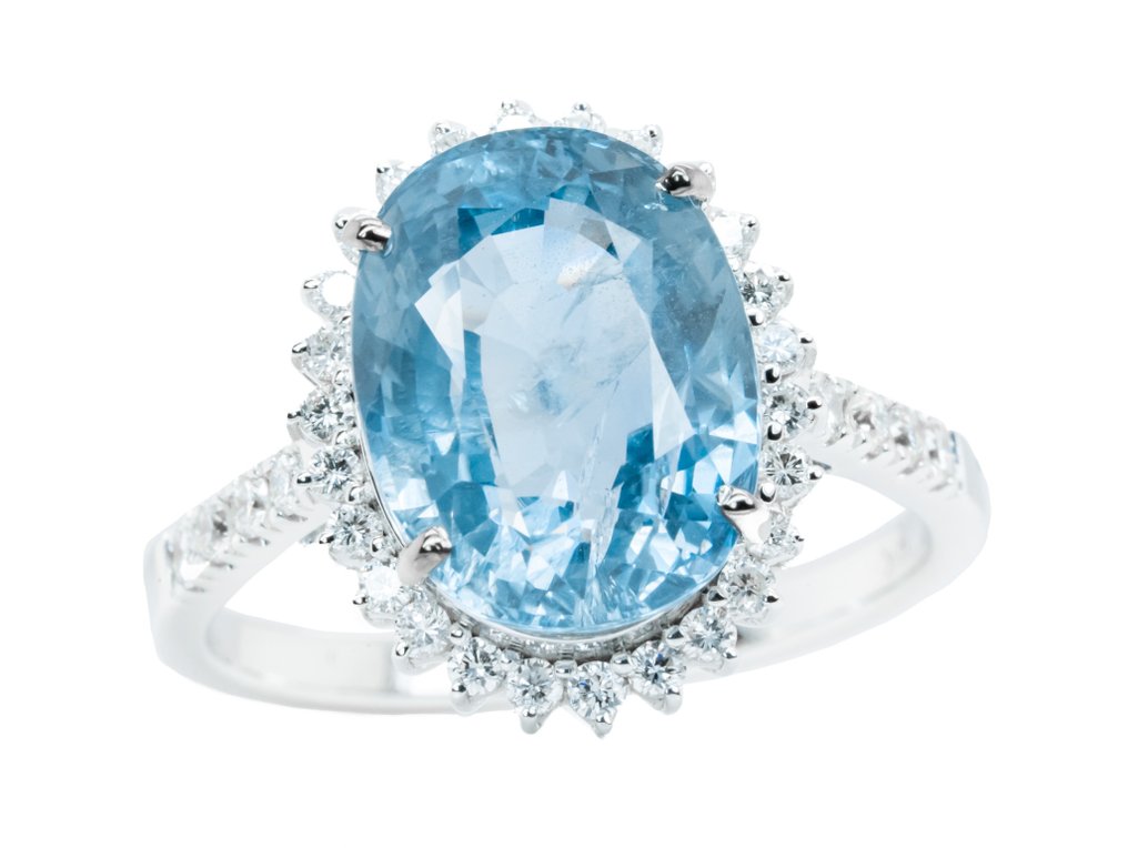 戒指 - 14K包金 白金, 蓝色（缅甸，无热） -  7.05ct. tw. 蓝宝石 - 钻石 - 0.41克拉 - SI #4.3
