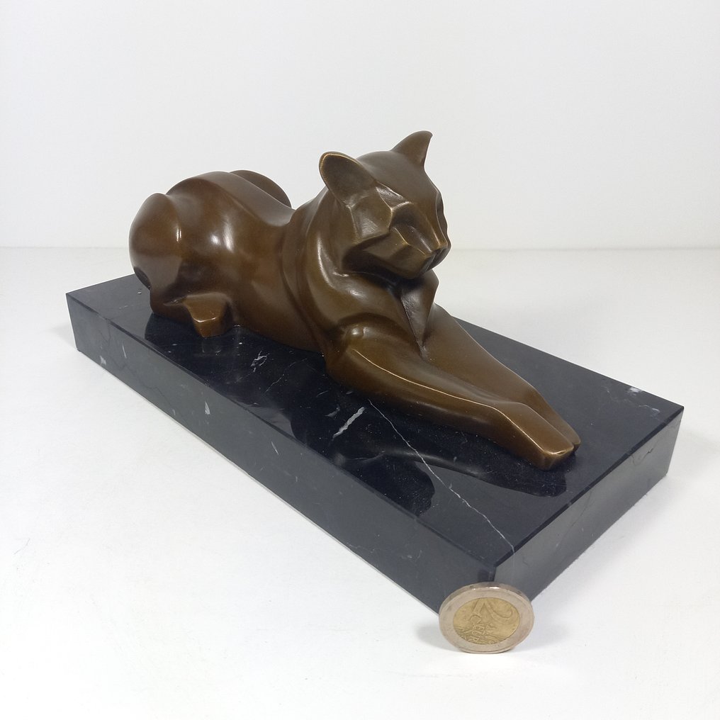 雕塑, "Reclining Cat" in Art Deco Style - 25.5 cm - 铜绿青铜 #1.0