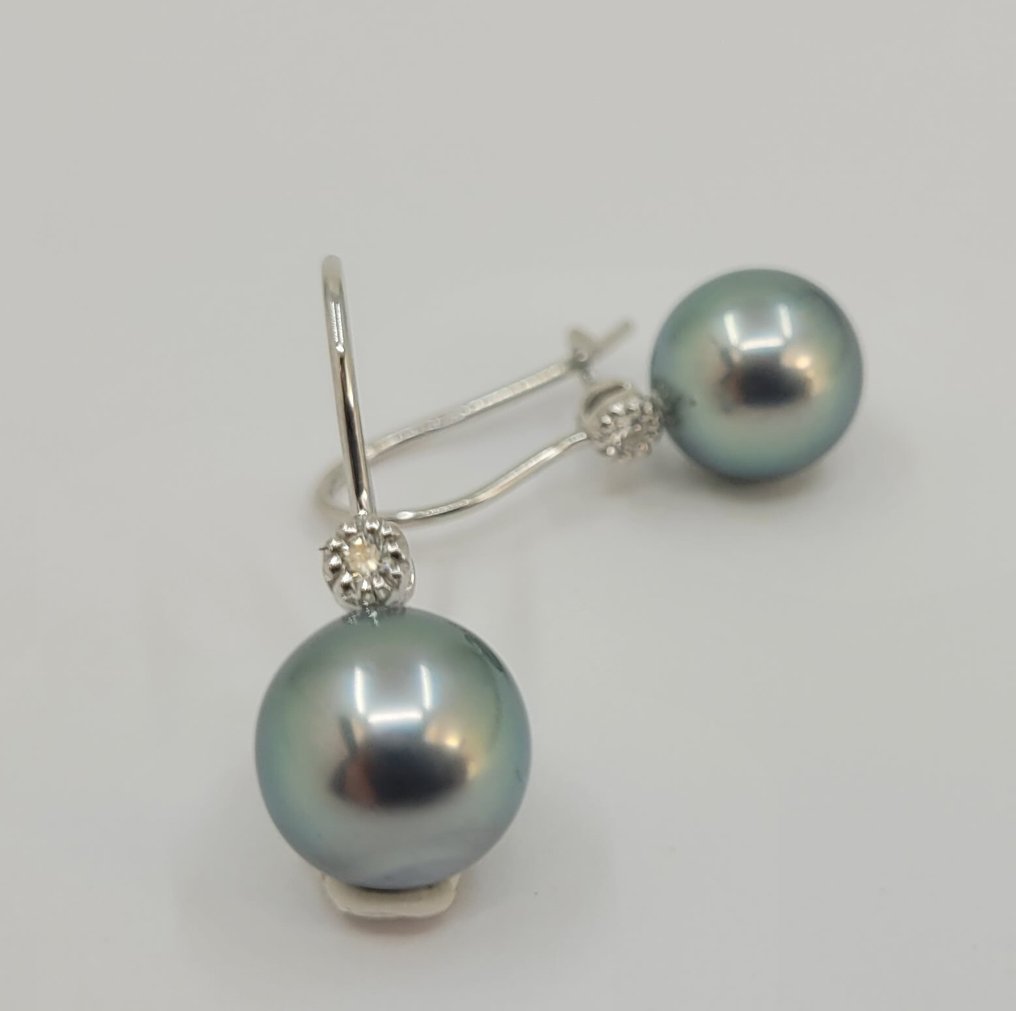 耳环 - 18K包金 白金 -  0.08ct. tw. - 9x10毫米大溪地珍珠 #4.3