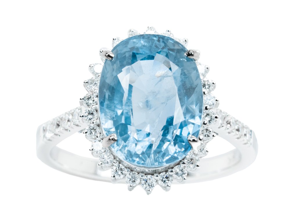 戒指 - 14K包金 白金, 蓝色（缅甸，无热） -  7.05ct. tw. 蓝宝石 - 钻石 - 0.41克拉 - SI #1.0