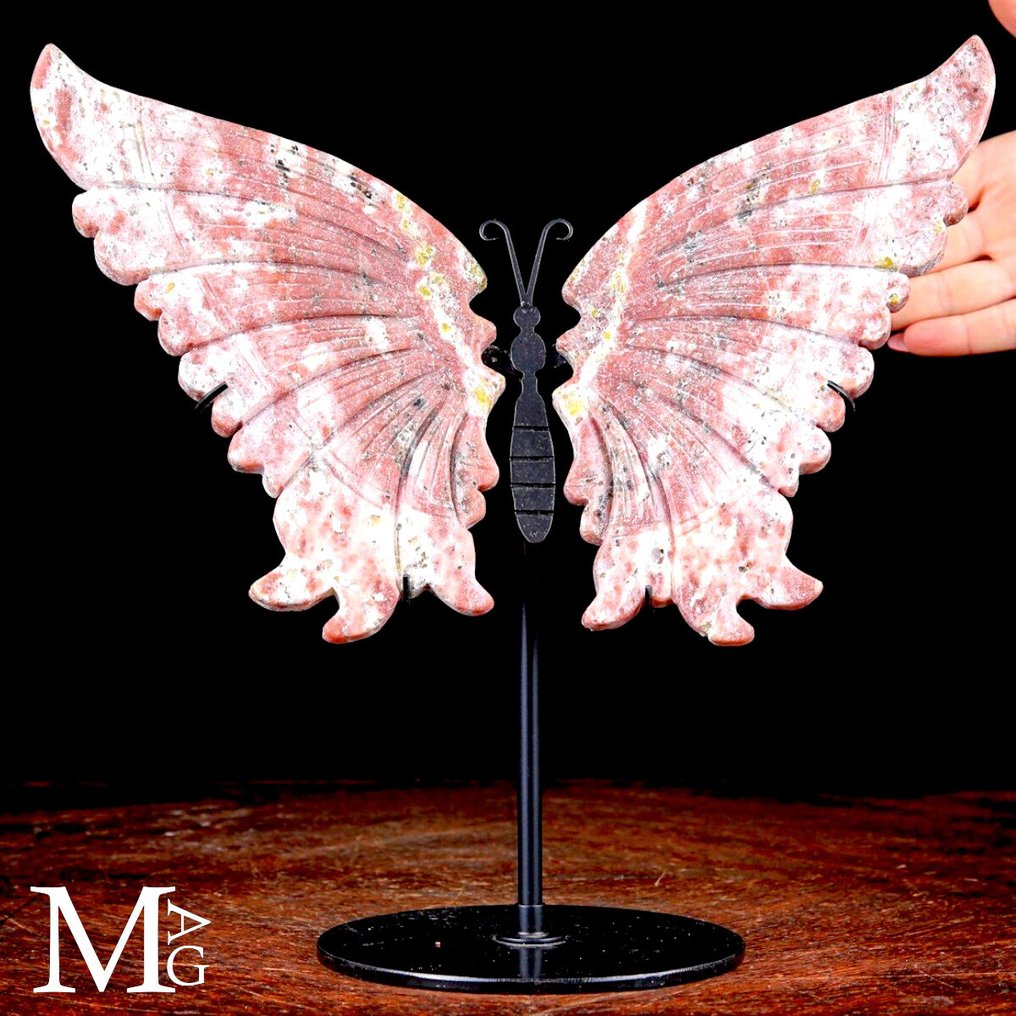 Ρόδο και λευκό χαλαζία - φτερά πεταλούδας - εξαιρετικά λεπτοδουλεμένη σκαλιστή εργασία. - Ύψος: 288 mm - Πλάτος: 291 mm- 1226 g #1.0