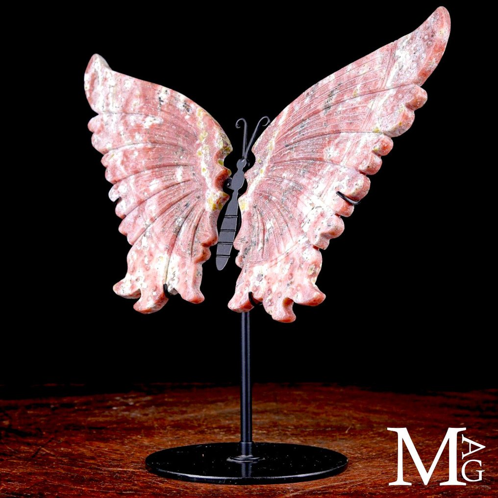 Ρόδο και λευκό χαλαζία - φτερά πεταλούδας - εξαιρετικά λεπτοδουλεμένη σκαλιστή εργασία. - Ύψος: 288 mm - Πλάτος: 291 mm- 1226 g #1.0