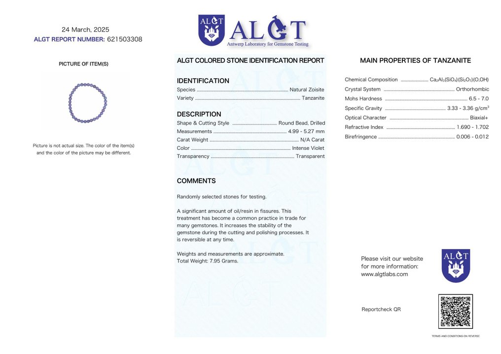 ALGT Gecertificeerd - Natuurlijke Tanzaniet Armband - Tijdloze elegantie in violetblauw- 7.95 g #2.1