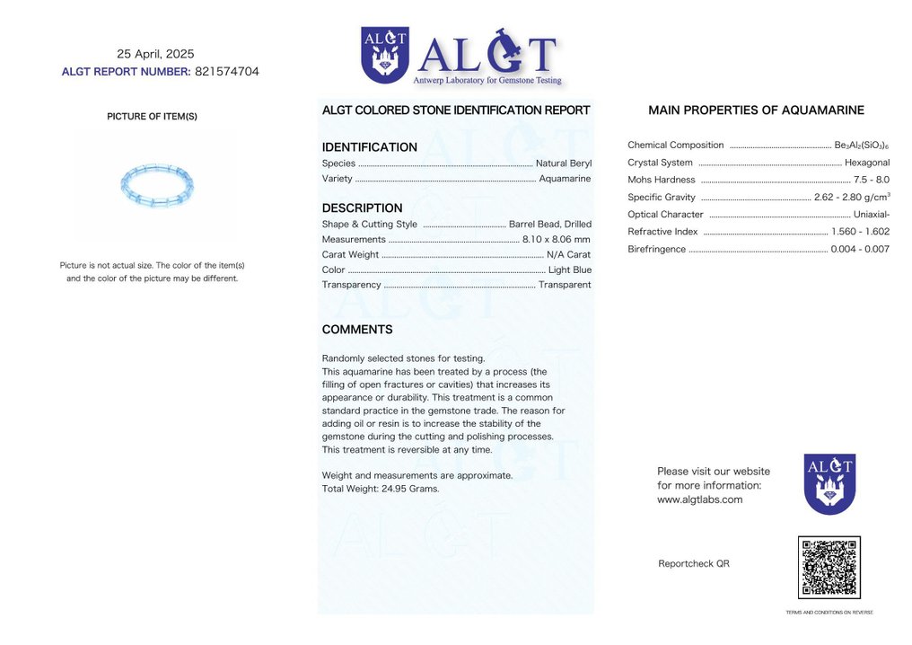 ALGT 认证 - 独家天然海蓝宝石手链 - 生动的蓝色和卓越的品质- 24.95 g #2.1