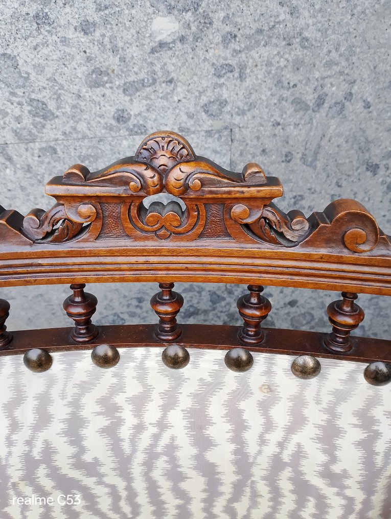 Sedia da pranzo (4) - Seduta e spalliera in seta, - Noce, Damascato in seta - Restaurate imbottite. #2.1