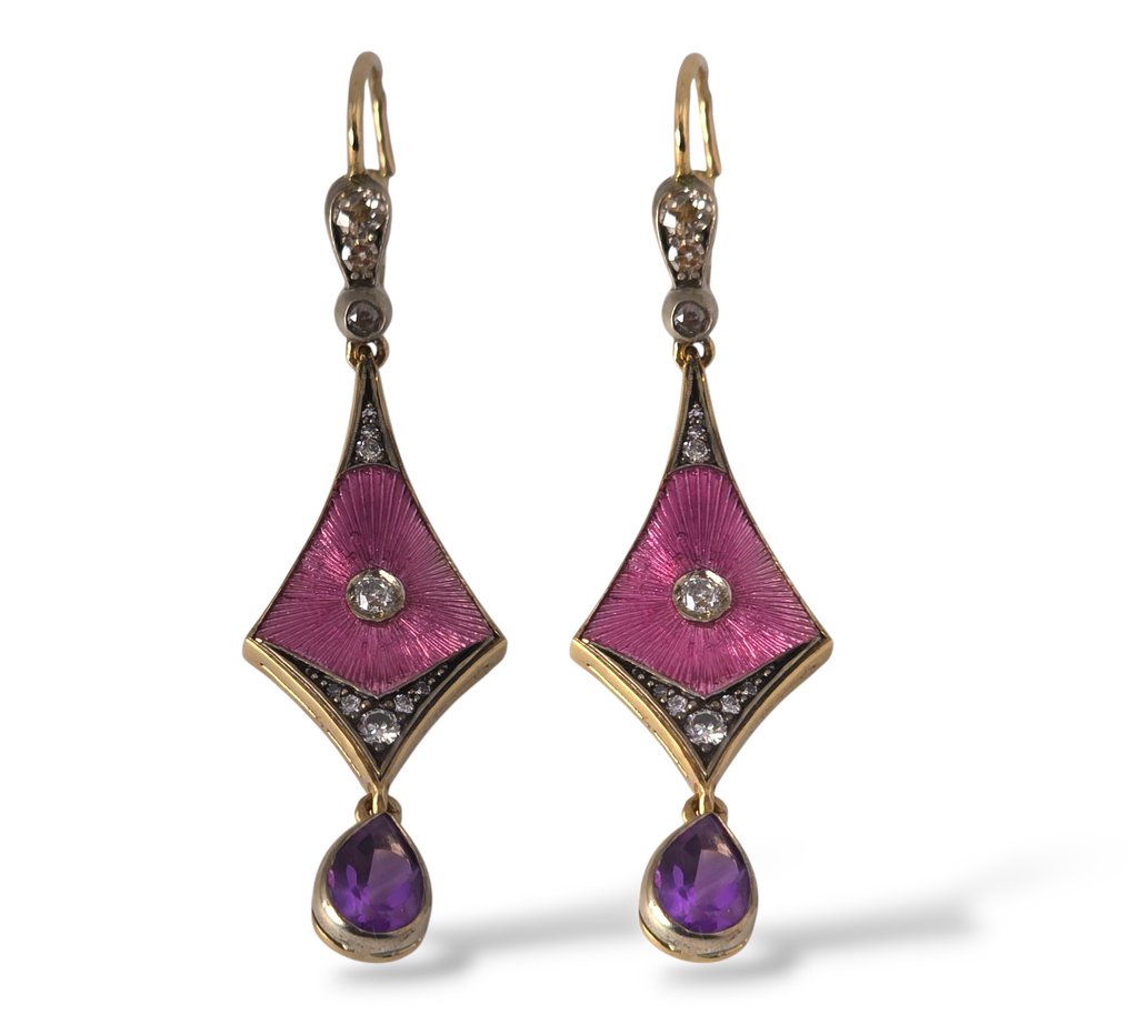 Boucles d'oreilles - 14 carats Or jaune, Boucles d'oreilles anciennes russes, en or 14 carats et diamants, circa 1900, russe Diamant (Naturelle) #1.0