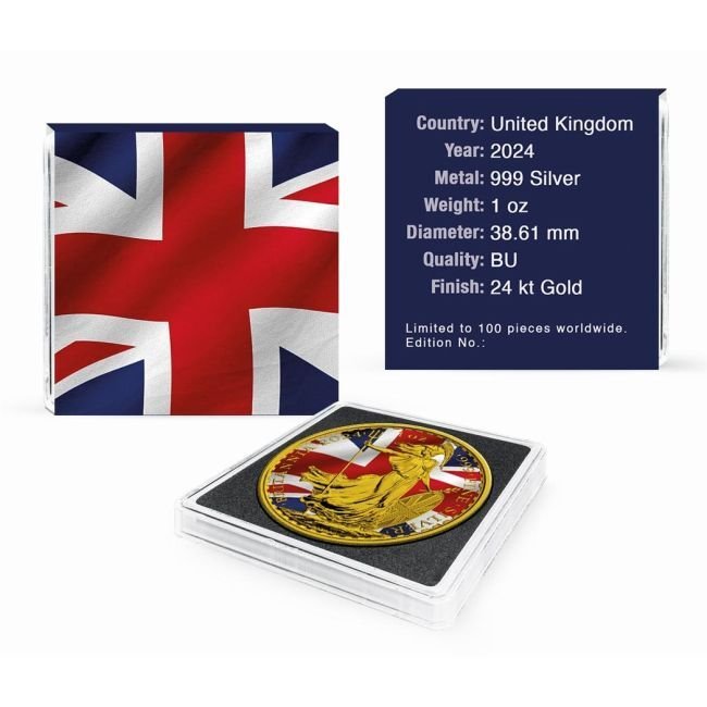 United Kingdom. 2 Pounds 2024 1 oz Britannia UK Flag 24k Gold Gilded Colorized Silver Coin #2.1
