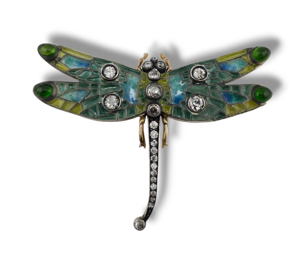 胸针 - 14K包金 黄金, 帝俄时期56K黄金珐琅及1.50克拉钻石蜻蜓胸针，约1900年 -  1.50ct. tw. 钻石 (天然)  #1.0