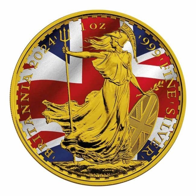 United Kingdom. 2 Pounds 2024 1 oz Britannia UK Flag 24k Gold Gilded Colorized Silver Coin #1.0