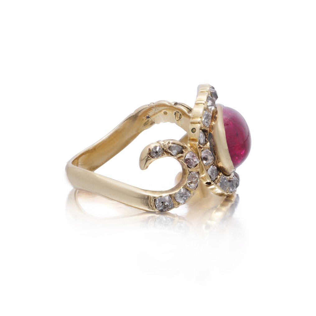 Ring Antique early Victorian 18 K Yellow Gold Snake Ring with Old-Mine Diamonds & Cabochon Ruby #4.3