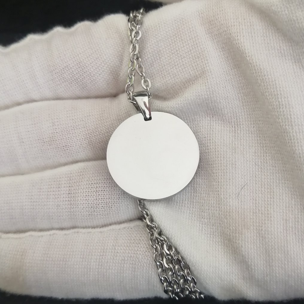 Steel and Muonionalusta meteorite pendant with a stainless steel chain. Iron meteorite - Height: 26 mm - Width: 21 mm - 4.36 g - (1) #2.1