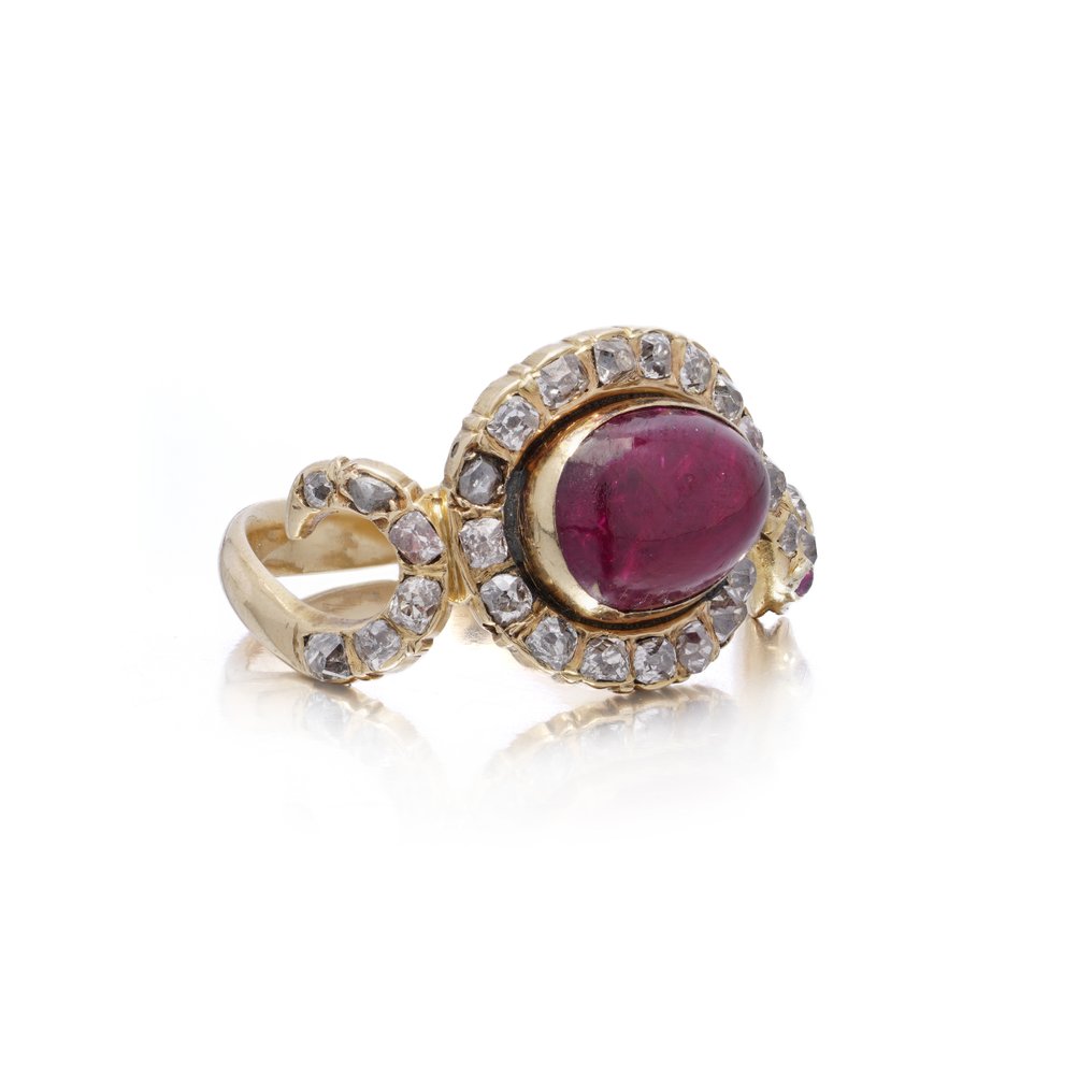 Ring Antique early Victorian 18 K Yellow Gold Snake Ring with Old-Mine Diamonds & Cabochon Ruby #3.2