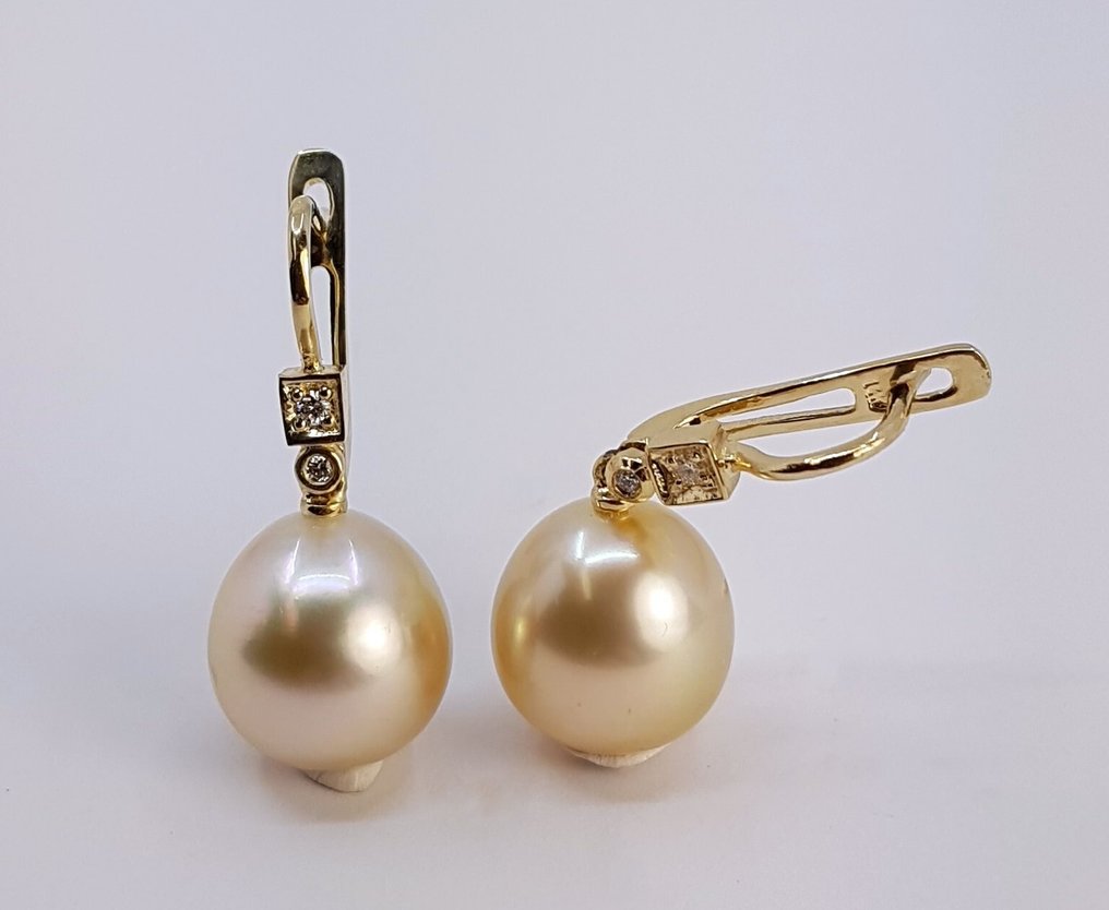耳環 - 14 克拉 黃金, 11x12毫米黄金南海珍珠 -  0.07ct. tw. #2.1