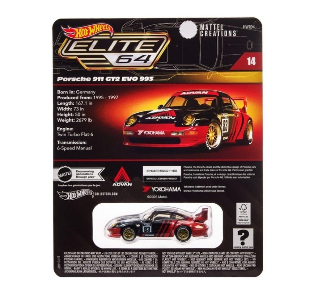 Hot Wheels, Mattel 1:64 - Modellino di auto - Hot Wheels - Elite 64 Porsche 911 GT2 EVO 993 Edizione Limitata ADVAN #1.0