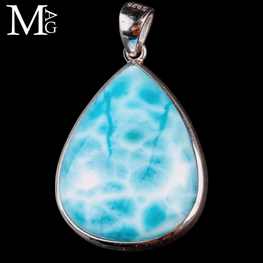 Wysokiej jakości kamień larimar - rzadki minerał - ekskluzywna włoska srebrna biżuteria - Wysokość: 45 mm - Szerokość: 28 mm- 15 g #3.2