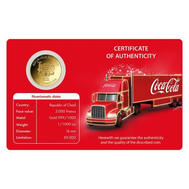 Tsjad. 3000 Francs 1/1000 oz 999 Fine Gold 3000 CFA Francs Chad Coca-Cola Truck Coin (In Assay) (Ingen reservasjonspris) #2.1