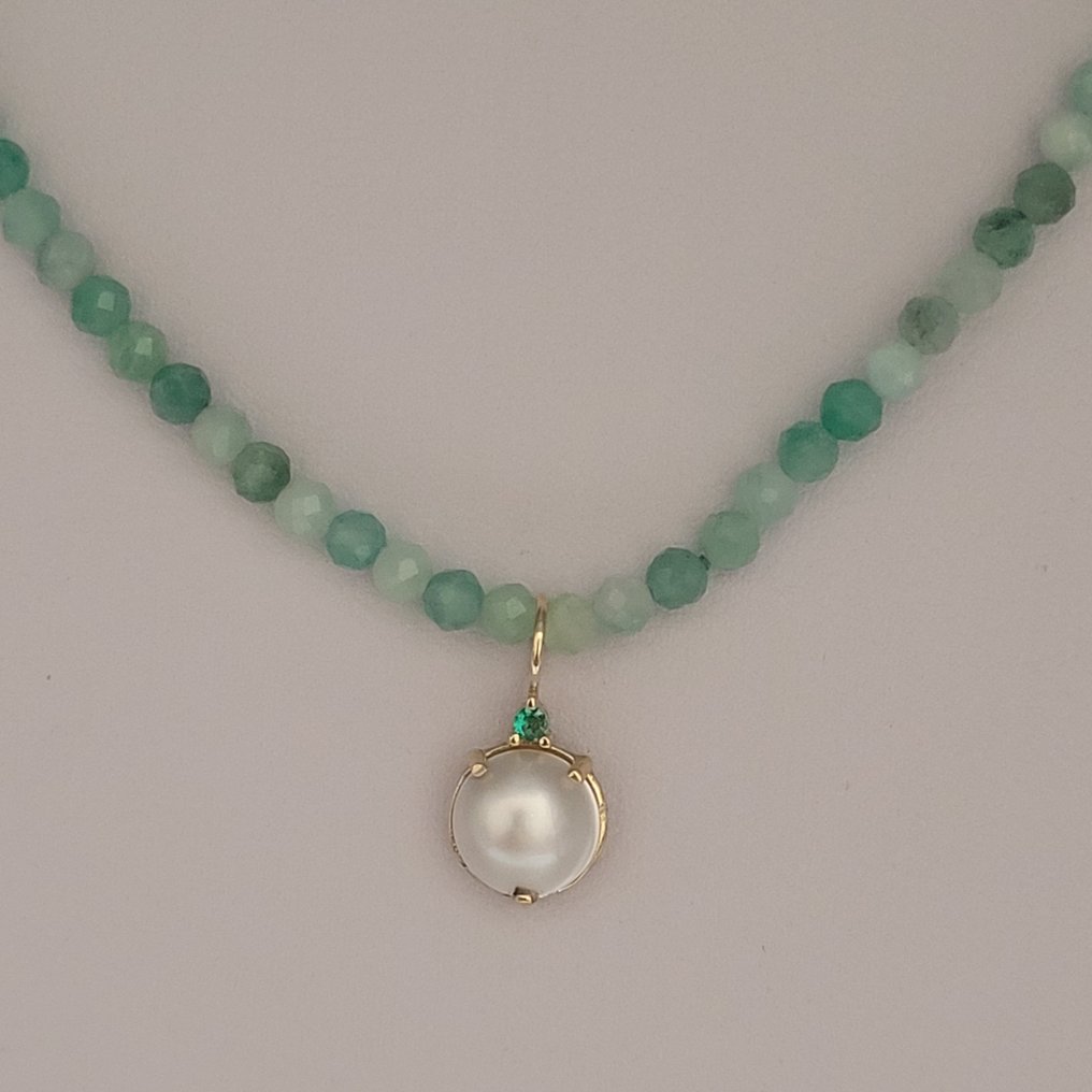 没有保留价 - 项链 - 18K包金 黄金 珍珠 - 祖母绿 - 翡翠 #1.0