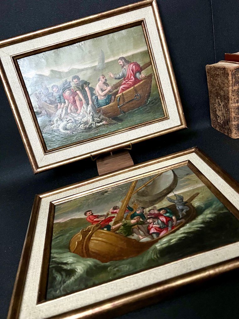 Paire d’huiles sur tôle - Le miracle de la pêche et Jésus apaisant la tempête #1.0
