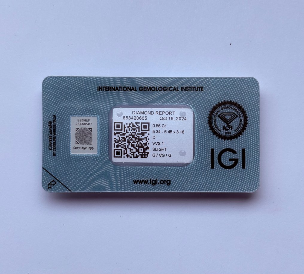 1 pcs 钻石 (天然) - 0.56 ct - 圆形 - D (无色) - VVS1 极轻微内含一级 - 国际宝石研究院(IGI) #1.0
