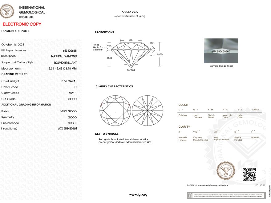 1 pcs 钻石 (天然) - 0.56 ct - 圆形 - D (无色) - VVS1 极轻微内含一级 - 国际宝石研究院(IGI) #3.2